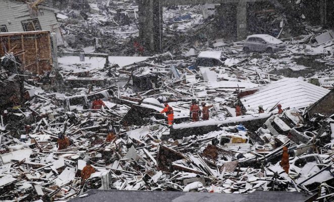 Rescue troops in Kamaishi, Japan, after the March 11, 2011 earthquake and tsunami