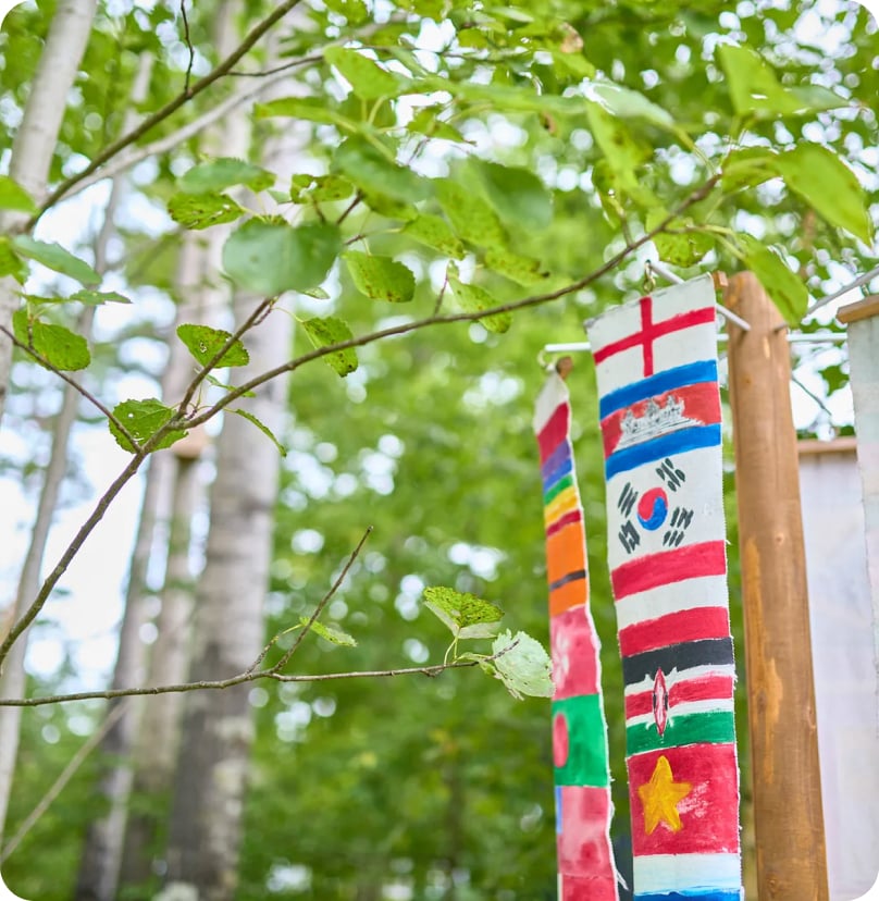 International flags displayed among the trees on campus